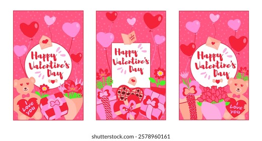 Three rectangle hand-drawn illustrations featuring various St Valentine's thematic elements, each with a text placeholder. Suitable for greeting cards, banner design, and web or internet ads. Vector