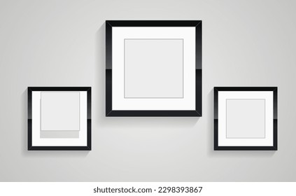 Three rectangles frame of picture in on wall art decorection design vector, groups of three black blank Realistic rectangle blank black picture frames with shadow collection