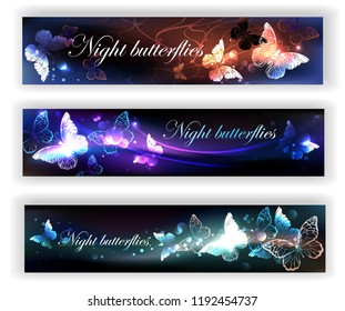 Three rectangular banners with night, glowing, magical butterflies on black background.
