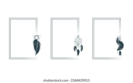 Three rectangular boho style frames  with dream catchers and  feathers. Hand drawn vector illustration for invitations, covers and greeting cards.