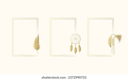 Three rectangular boho style frames  with dream catchers and  feathers. Golden hand drawn vector illustration for invitations, covers and greeting cards.