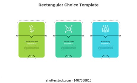 Three Rectangular Elements Or Cards Placed In Horizontal Row. Diagram Representing 3 Phases Of Business Strategy. Minimal Infographic Design Template. Flat Modern Vector Illustration For Presentation.