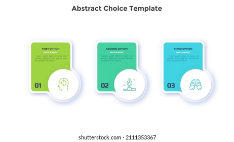 Three rectangular elements or cards placed in horizontal row. Concept of 3 features of service to select. Modern flat infographic vector illustration for business data visualization, presentation.