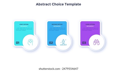 Tres Elementos rectangulares o tarjetas colocadas en fila Horizontal. Concepto de 3 características de servicio a seleccionar. Moderna Ilustración vectorial infográfica plana para visualización de datos de negocios, presentación.