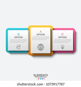 Three rectangular elements or cards with thin line symbols and place for text inside. Concept of 3 choice options or steps of business process. Infographic design template. Vector illustration.
