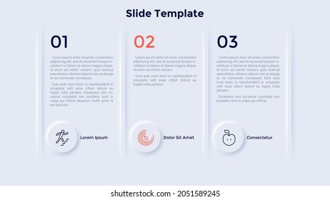 Three rectangular elements with description. Concept of 3 services of company to choose. Modern neumorphic infographic design template. Minimal vector illustration for business presentation slide.