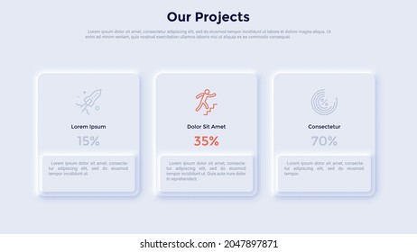 Three rectangular elements placed in horizontal row. Concept of 3 marketing projects of company. Neumorphic infographic design template. Modern clean vector illustration for business presentation.