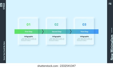 Three rectangular elements placed in horizontal row connected with arrows. Concept of 3 steps of business data processing. Neumorphic infographic design template. Modern flat vector illustration.