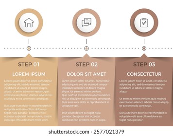 Three rectangular elements for your text and circles for your icons, three steps of a process or workflow, infographic template, vector eps10 illustration