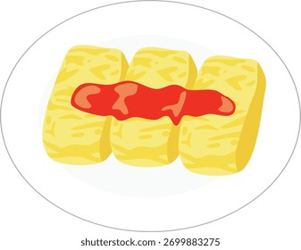 Three rectangular food items are arranged on a white plate, topped with a red sauce.