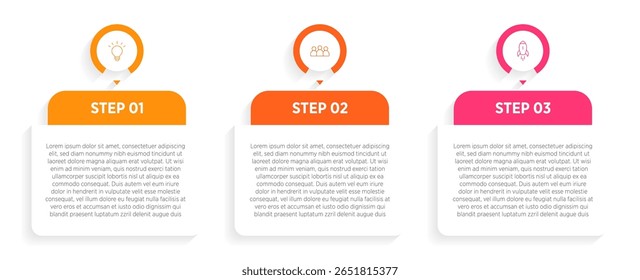 Três quadros retangulares com setas colocadas na linha horizontal. Conceito de 3 fases do processo estratégico. Modelo de design de infográfico plano moderno. Ilustração vetorial simples para apresentação.