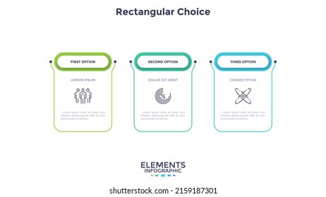 Three rectangular frames or cards with headings arranged in horizontal row. Concept of business model with 3 options to select. Minimal infographic design template. Modern flat vector illustration.