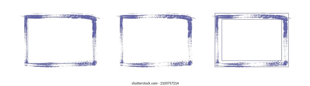 three rectangular frames are painted with gouache brush in purple very peri isolates on a white background. color of the year 2022
