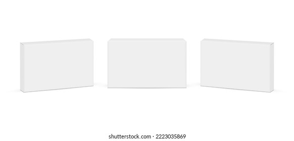 Three Rectangular Packing Medical or Cosmetic Boxes Mockups, Isolated on White Background. Vector Illustration