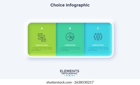 Three rectangular paper colorful elements placed in horizontal row. Concept of 3 startup project options to choose. Minimal infographic design template. Neumorphic vector illustration for presentation
