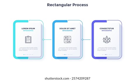 Three rectangular paper white elements placed in horizontal row. Concept of 3 successive steps business project success. Modern infographic design template. Simple flat vector illustration for banner.