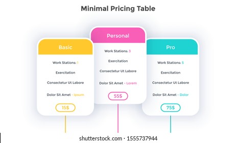 Three rectangular pricing tables with 3 versions of product and lists of included options. Basic, personal and pro subscription plans. Minimal infographic design template. Modern vector illustration.