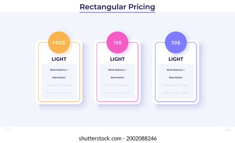 Drei rechteckige Preistabellen, Account-Versionen oder Mitgliedschaftspakete mit einer Liste von Funktionen zum Vergleichen und Auswählen. Minimale Infografik-Design-Vorlage. Flache Vektorgrafik zur Präsentation.