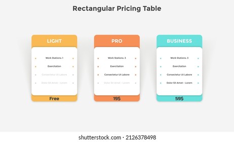 Tres tablas de precios rectangulares, versiones de aplicaciones o planes de suscripción con una lista de características a comparar y elegir. Plantilla sencilla de diseño infográfico. Ilustración vectorial plana para presentación.