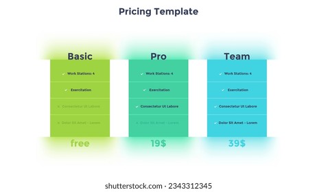 Three rectangular pricing tables, application versions or subscription plans with list of features in glassmorphism style. Minimal infographic design template. Modern flat vector illustration.

