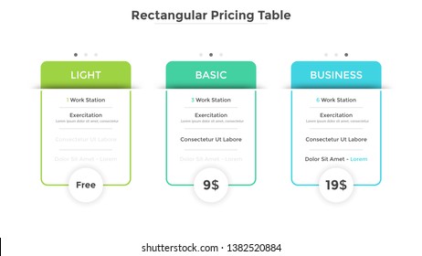 Three Rectangular Pricing Tables Or Cards With List Of Included Options. Light, Basic And Business Subscription Plans To Choose. Modern Infographic Design Template. Vector Illustration For Website.