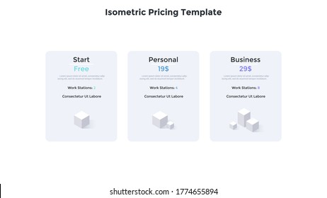 Three rectangular pricing tables with cubic elements. Start, personal and business subscription plans with list of included features. Simple infographic design template. Modern vector illustration.