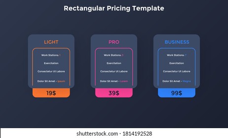 Three rectangular pricing tables. Light, pro and business subscription plans to choose with list of included features. Simple infographic design template. Vector illustration for website, banner.
