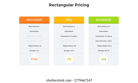 Three rectangular pricing tables with list of included options - beginner, pro, business. Concept of 3 website subscription plans to compare. Simple flat design template. Modern vector illustration.