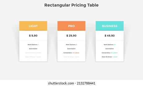 Three rectangular pricing tables or program versions with list of features to compare and select - light, professional, business. Simple infographic design template. Modern flat vector illustration.