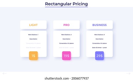 Tres tablas de precios rectangulares o versiones de software con lista de opciones para comparar y elegir - ligero, pro, negocio. Plantilla sencilla de diseño infográfico. Ilustración vectorial plana moderna para banner.