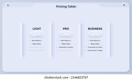 Three Rectangular Pricing Tables Or Software Versions With List Of Features To Compare And Select - Light, Pro, Business. Minimal Infographic Design Template. Modern Neumorphic Vector Illustration.