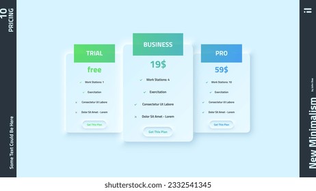 Three rectangular pricing tables or software versions with list of features to compare and select - trial, business, pro. Minimal infographic design template. Modern neumorphic vector illustration.