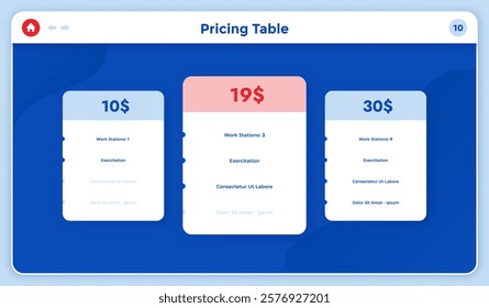 Three rectangular pricing tables or software versions with list of features to compare and select - trial, business, pro. Minimal infographic design template. Modern neumorphic vector illustration.