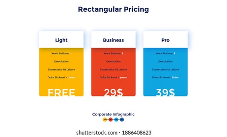 Three rectangular pricing tables or subscription plans with list of features to compare and select - light, business, pro. Corporate infographic design template. Simple flat vector illustration.