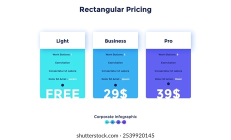 Tres mesas de Precios rectangulares o Planes de suscripción con lista de características para comparar y seleccionar - luz, negocios, profesional. Plantilla Corporativa de diseño de infografía. Simple Ilustración vectorial plana.