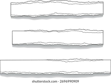Three rectangular shapes with torn edges, each casting a shadow, are arranged vertically in the image.