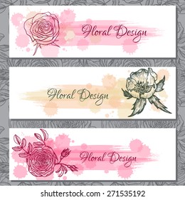 three rectangular vector floral template with paint stains, hand drawn vintage  illustration