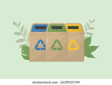 Three recycling bins with colored lids and recycling symbols illustration. Waste sorting separation concept with green foliage. Waste management concept. World clean up day. Vector illustration