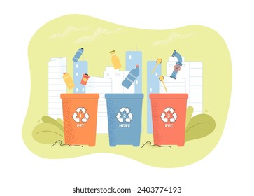 Three recycling bins with different garbage vector illustration. Sorting plastic products. Environmental protection, recycling concept