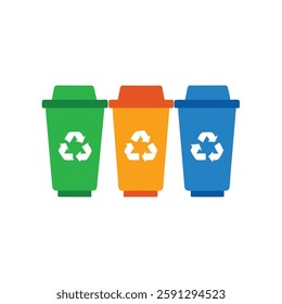 Three recycling bins in green, orange, and blue, each with the recycling symbol, emphasizing waste segregation and environmental care