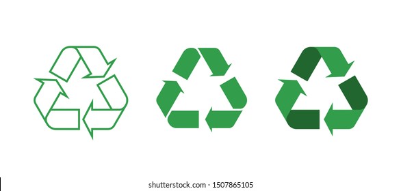 Three Recycling Symbol In Different Styles - Outline, Glyph And Flat - Icons Set. Mobius Loop. Recycling Triangle Symbols With Arrows. Vector Illustration