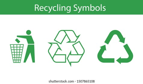 Three recycling symbol icons set - tidy man throws waste into the trash or recycle bin, recycling triangle symbols with arrows. Mobius loop. Vector illustration