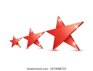 Three red 3d star with Golden 3d star with highlights. Icon for holiday design element. Vector illustration.