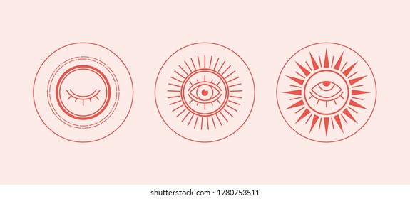 Three red Abstract outline Suns or moons with Eyes. Minimalistic round Icons. Astrology esoteric mystic concept. Elegant geometric design. Trendy Vector Set. Simple design. All elements are isolated