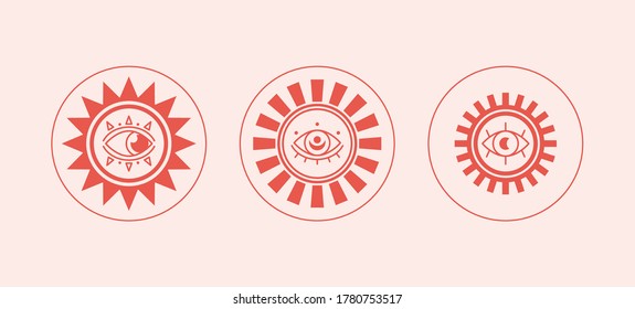 Three red Abstract outline Suns or moons with Eyes. Minimalistic round Icons. Astrology esoteric mystic concept. Elegant geometric design. Trendy Vector Set. Simple design. All elements are isolated