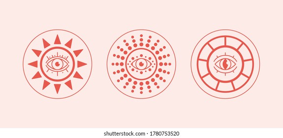 Three red Abstract outline Suns or moons with Eyes. Minimalistic round Icons. Astrology esoteric mystic concept. Elegant geometric design. Trendy Vector Set. Simple design. All elements are isolated