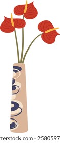 Three red anthurium flowers with yellow pistils standing in a beige ceramic vase decorated with blue and light brown circles on a white background