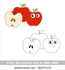 Three red apples to be traced only of one line, the tracing educational game to preschool kids with easy game level, the colorful and colorless version.