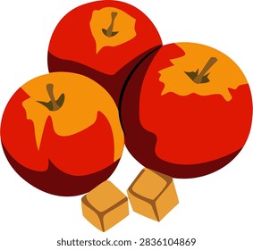 Three red apples with bitten sections and two sugar cubes on a white background, highlighting fresh fruit and sweetness.