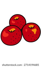 Tres manzanas rojas representadas en un estilo de dibujos animados lindo y simple